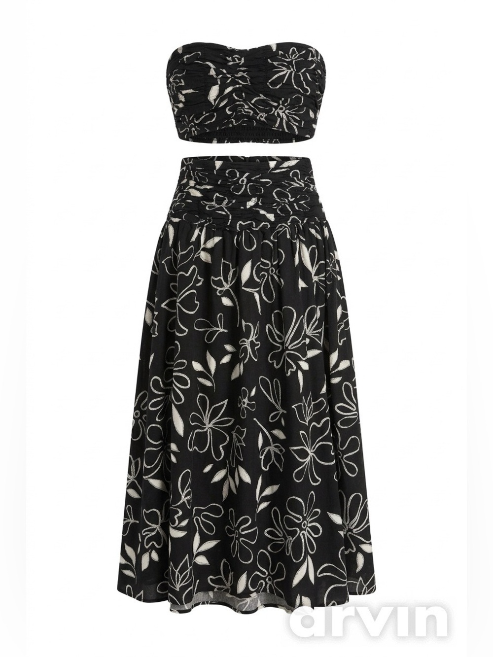 By The River Celine Black White Floral Smocked Top & Midi Skirt Co-Ord - Set S/M